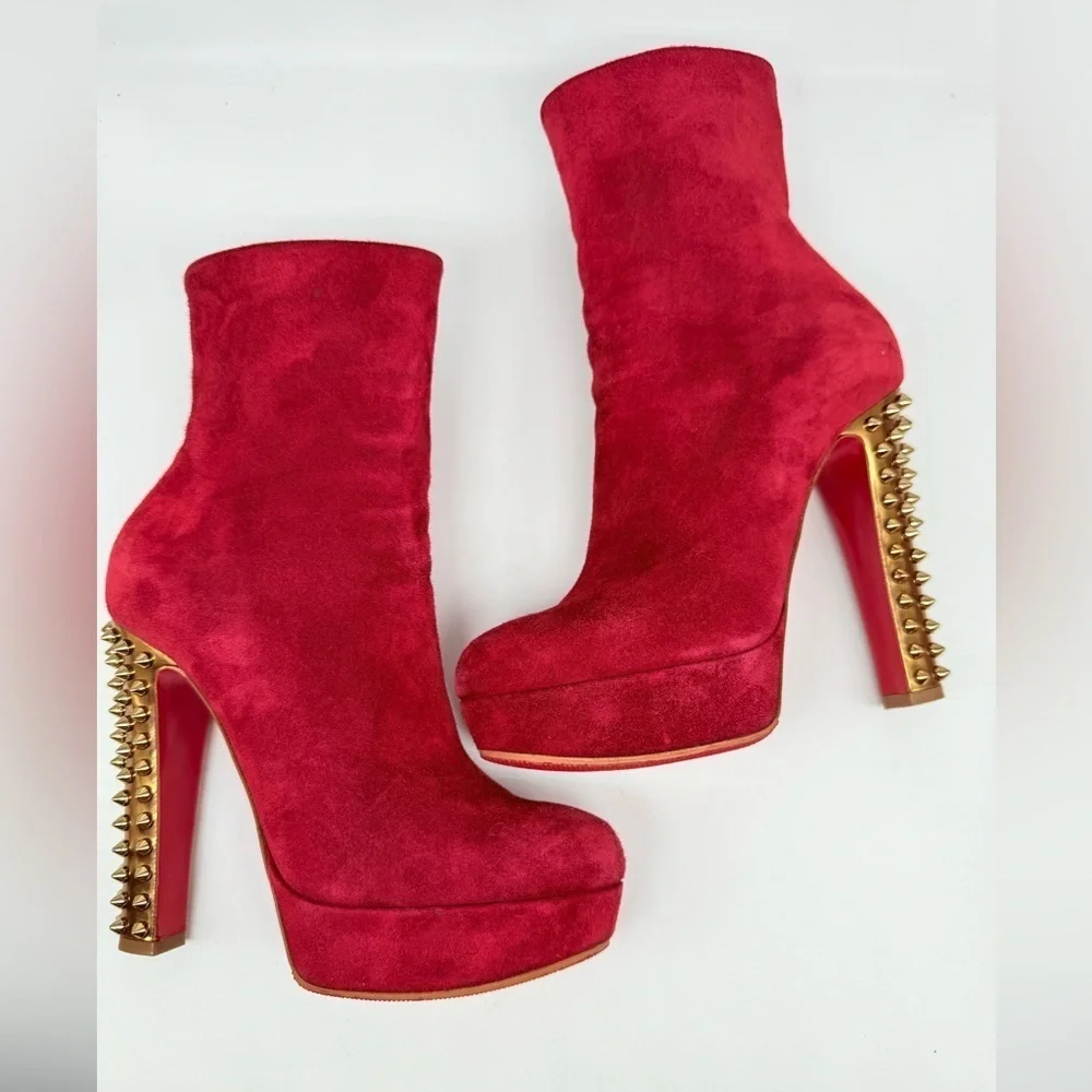 Christian Louboutin Red Suede Taclou Booty spike heel 140mm Ankle Boots EU 38